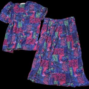 Vintage Gianni Sport Women's L, Multi-color Skirt & Top Set: Maximalism Abstract